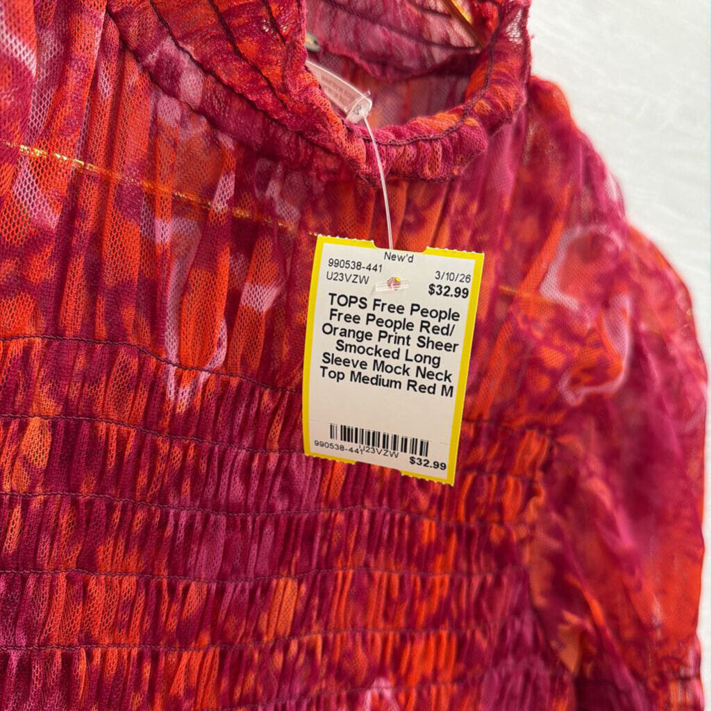 Free People Red/ Orange Print Sheer Smocked Long Sleeve Mock Neck Top Medium