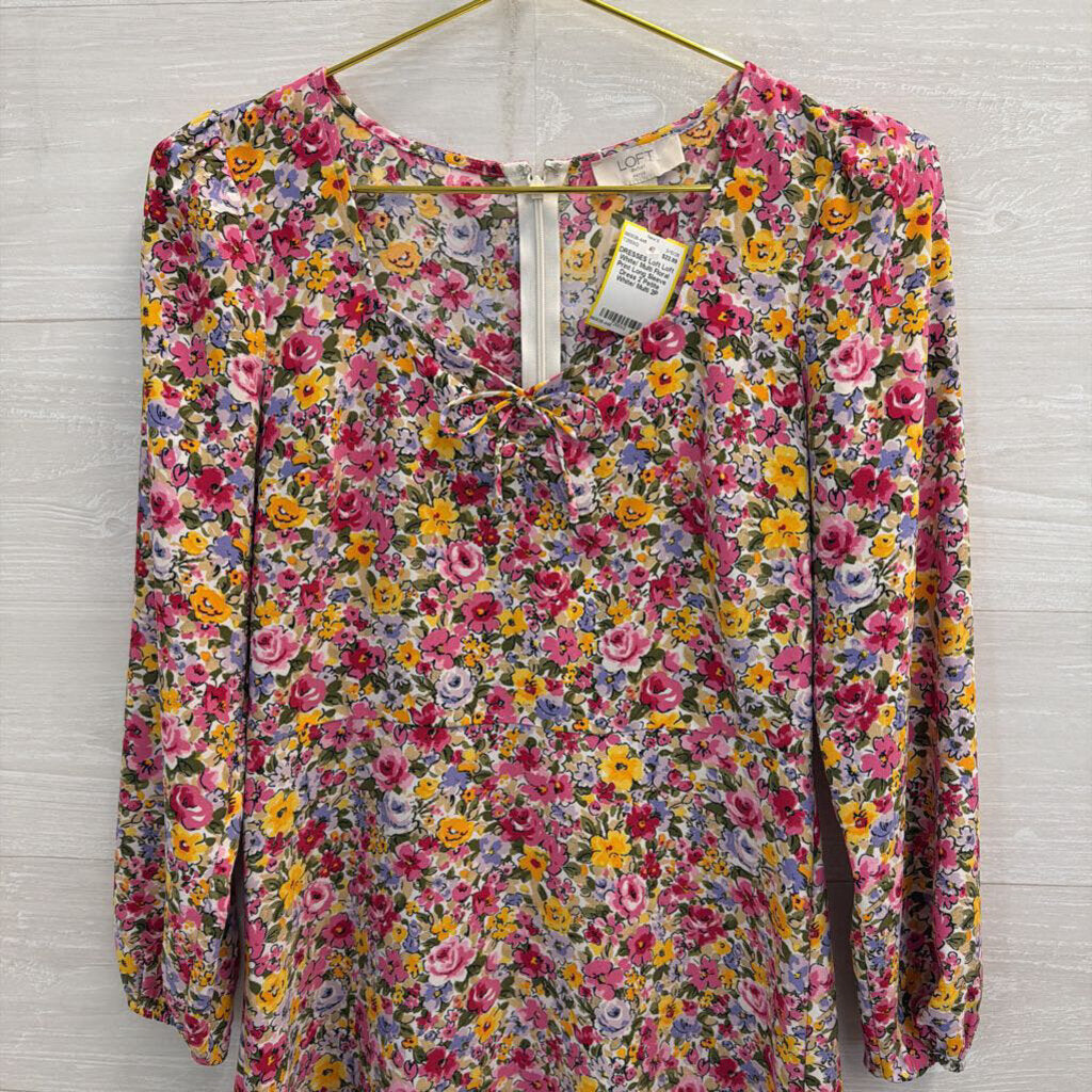 Loft White/ Multi Floral Print Long Sleeve Dress 2 Petite