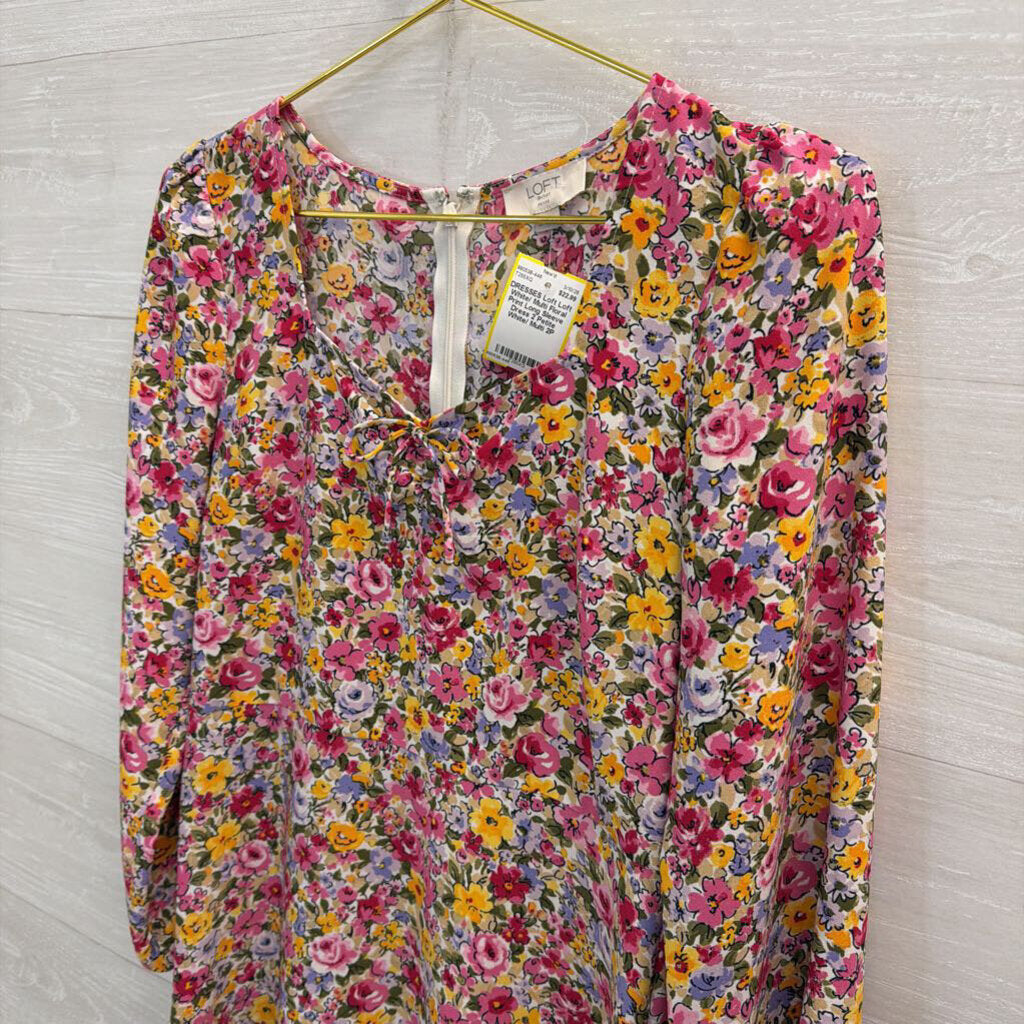 Loft White/ Multi Floral Print Long Sleeve Dress 2 Petite