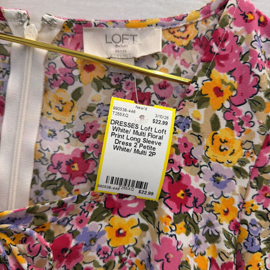 Loft White/ Multi Floral Print Long Sleeve Dress 2 Petite