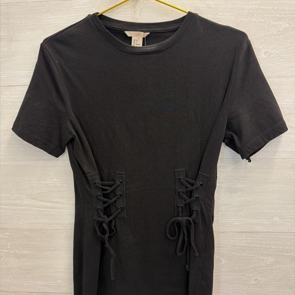 Black Lace Up Detail Short Sleeve Mini Dress 4