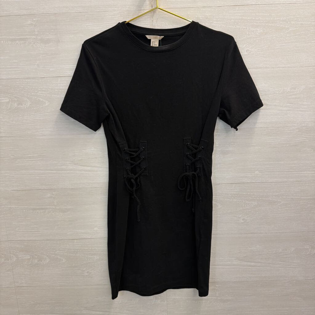 Black Lace Up Detail Short Sleeve Mini Dress 4