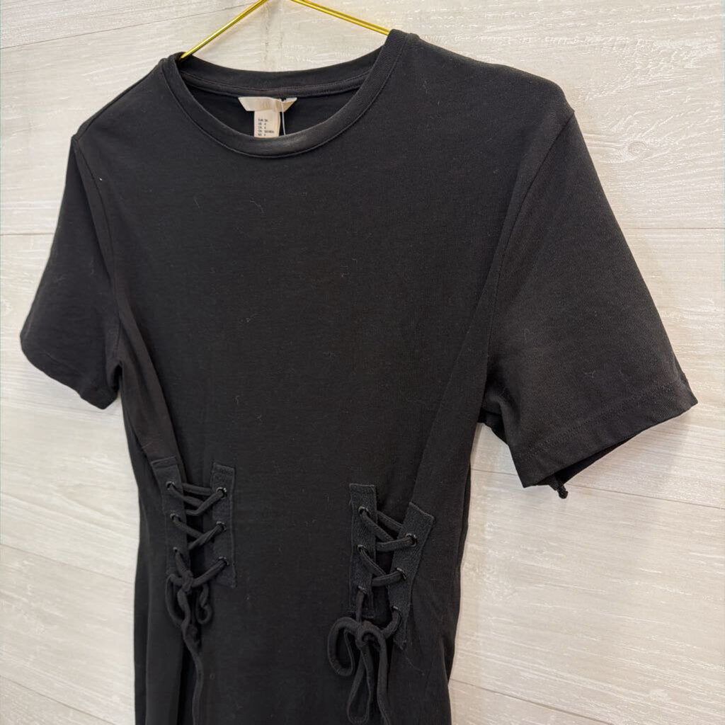 Black Lace Up Detail Short Sleeve Mini Dress 4