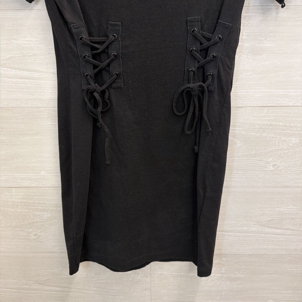 Black Lace Up Detail Short Sleeve Mini Dress 4