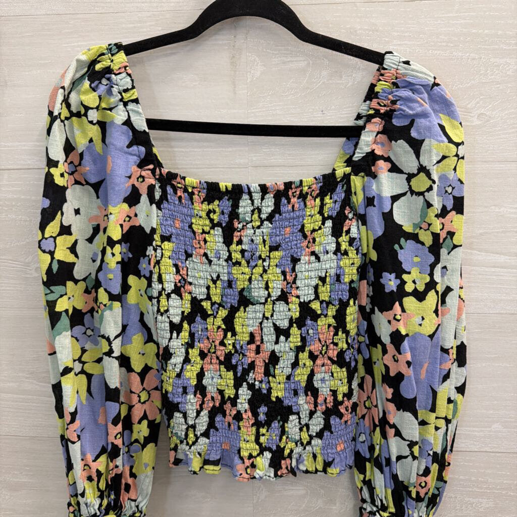 Free People Black/ Multi Floral Cropped Smocked Long Sleeve Top Extra Small