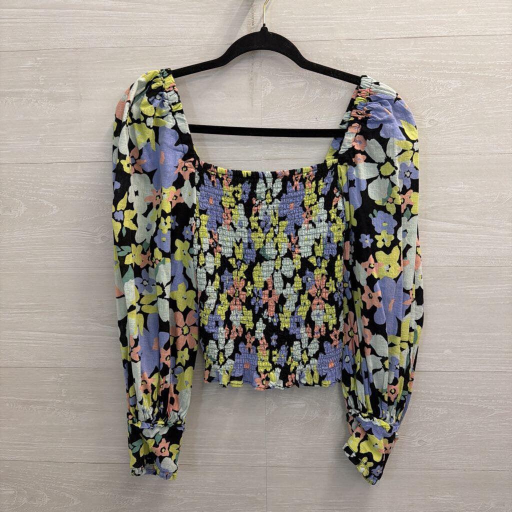 Free People Black/ Multi Floral Cropped Smocked Long Sleeve Top Extra Small