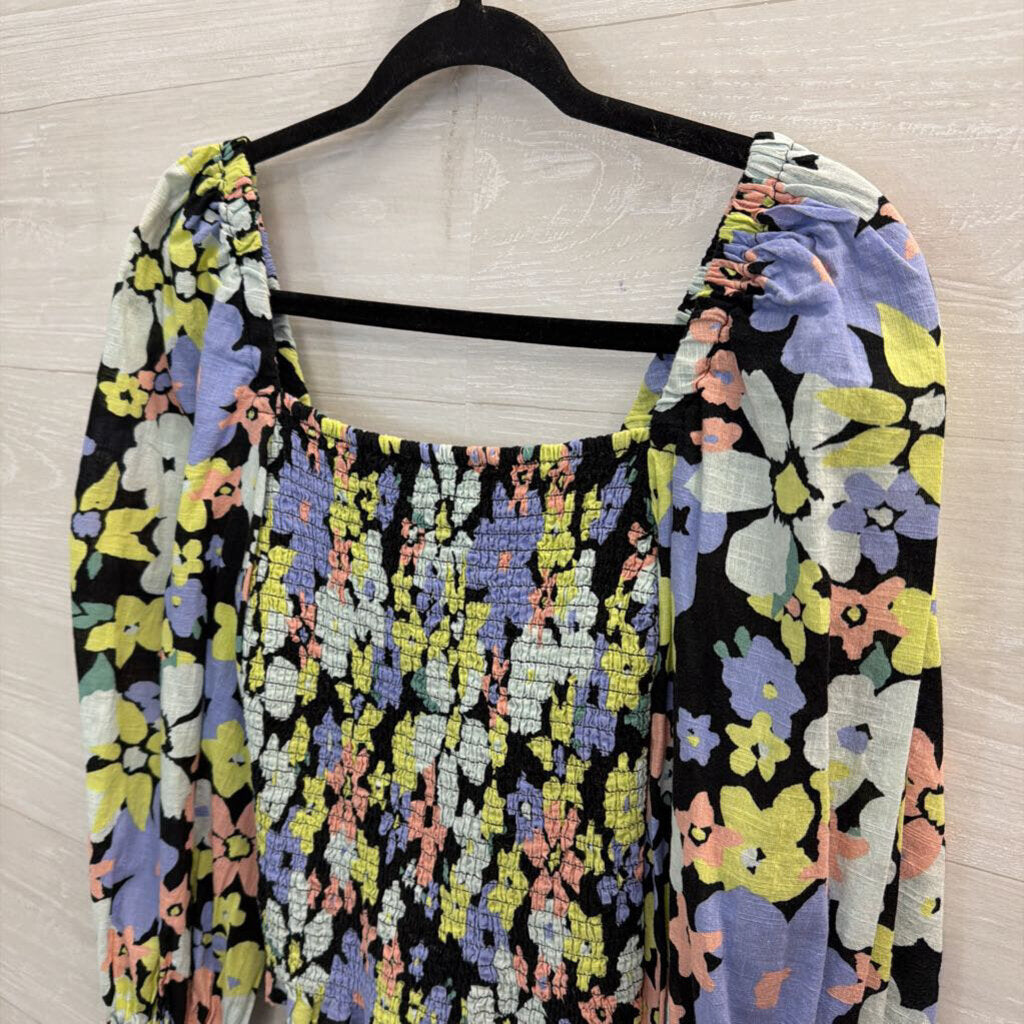 Free People Black/ Multi Floral Cropped Smocked Long Sleeve Top Extra Small