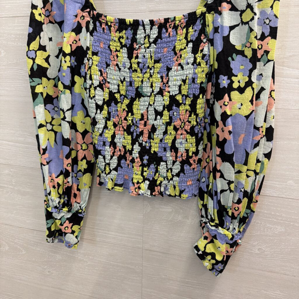 Free People Black/ Multi Floral Cropped Smocked Long Sleeve Top Extra Small
