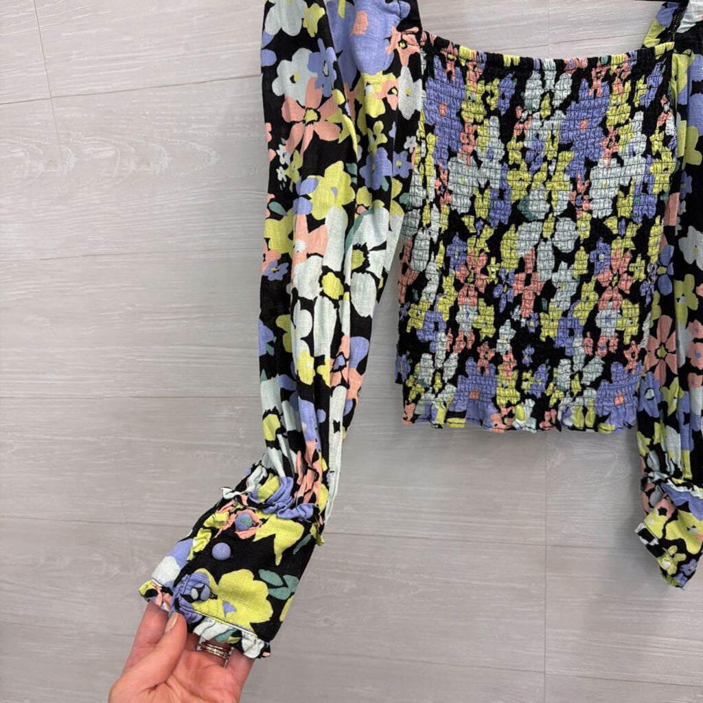 Free People Black/ Multi Floral Cropped Smocked Long Sleeve Top Extra Small