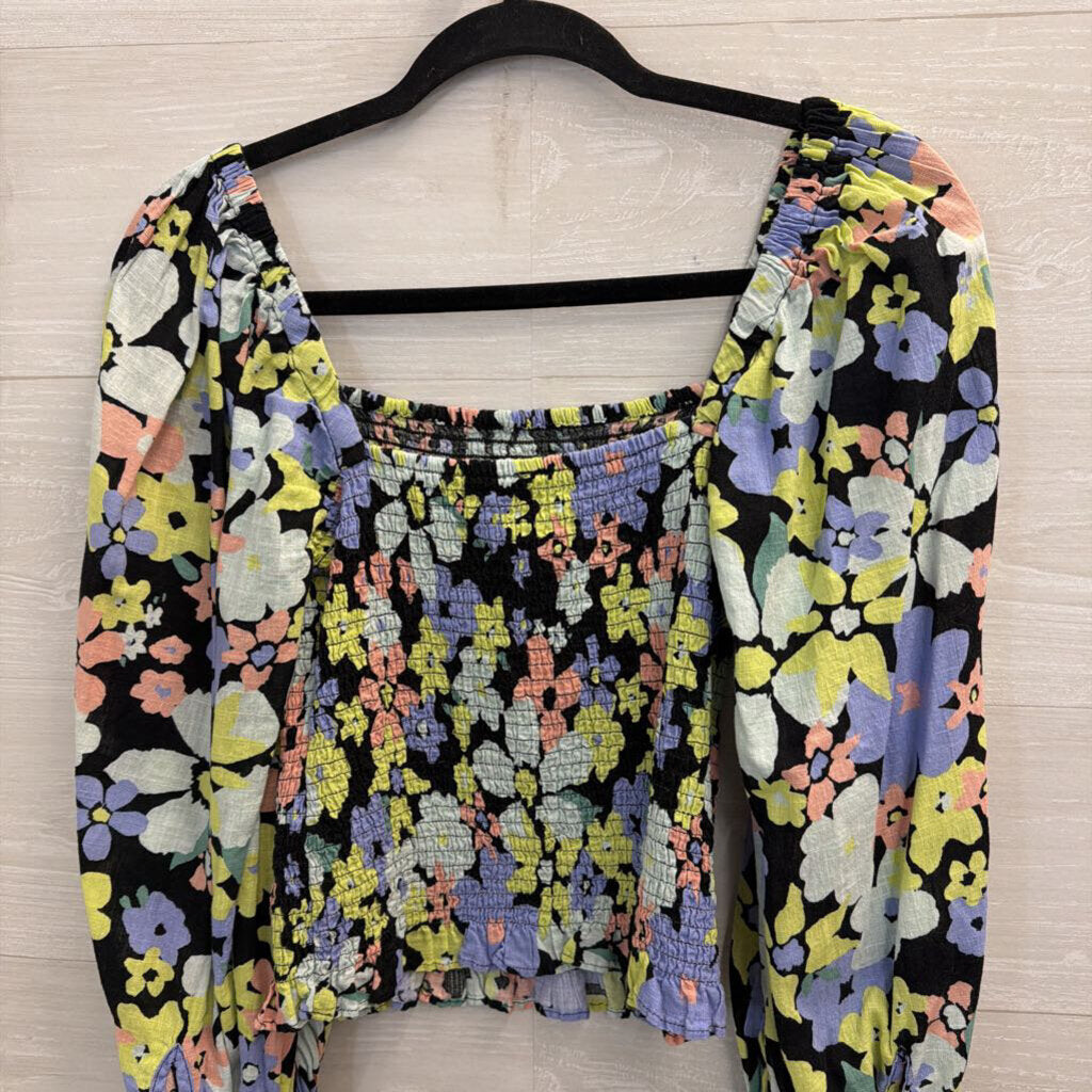 Free People Black/ Multi Floral Cropped Smocked Long Sleeve Top Extra Small