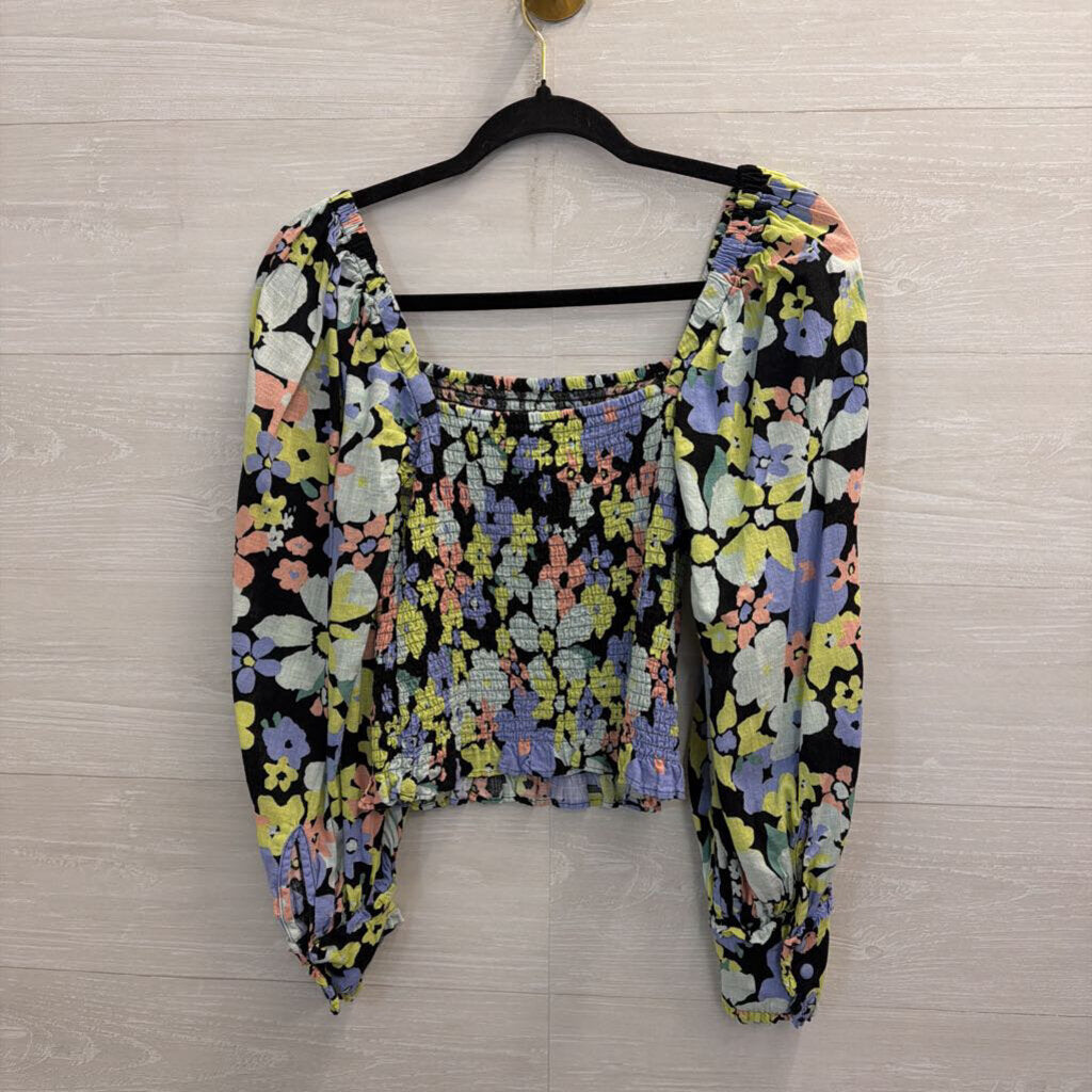 Free People Black/ Multi Floral Cropped Smocked Long Sleeve Top Extra Small