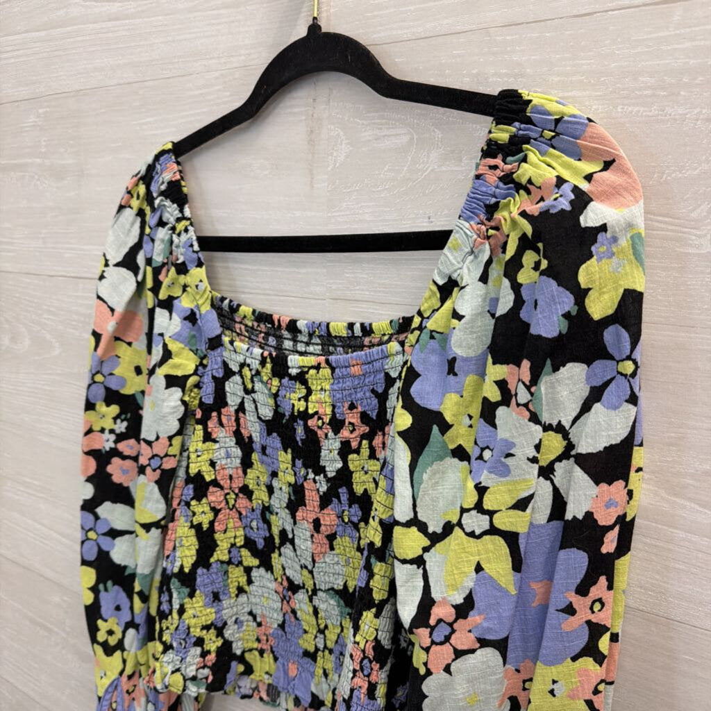 Free People Black/ Multi Floral Cropped Smocked Long Sleeve Top Extra Small