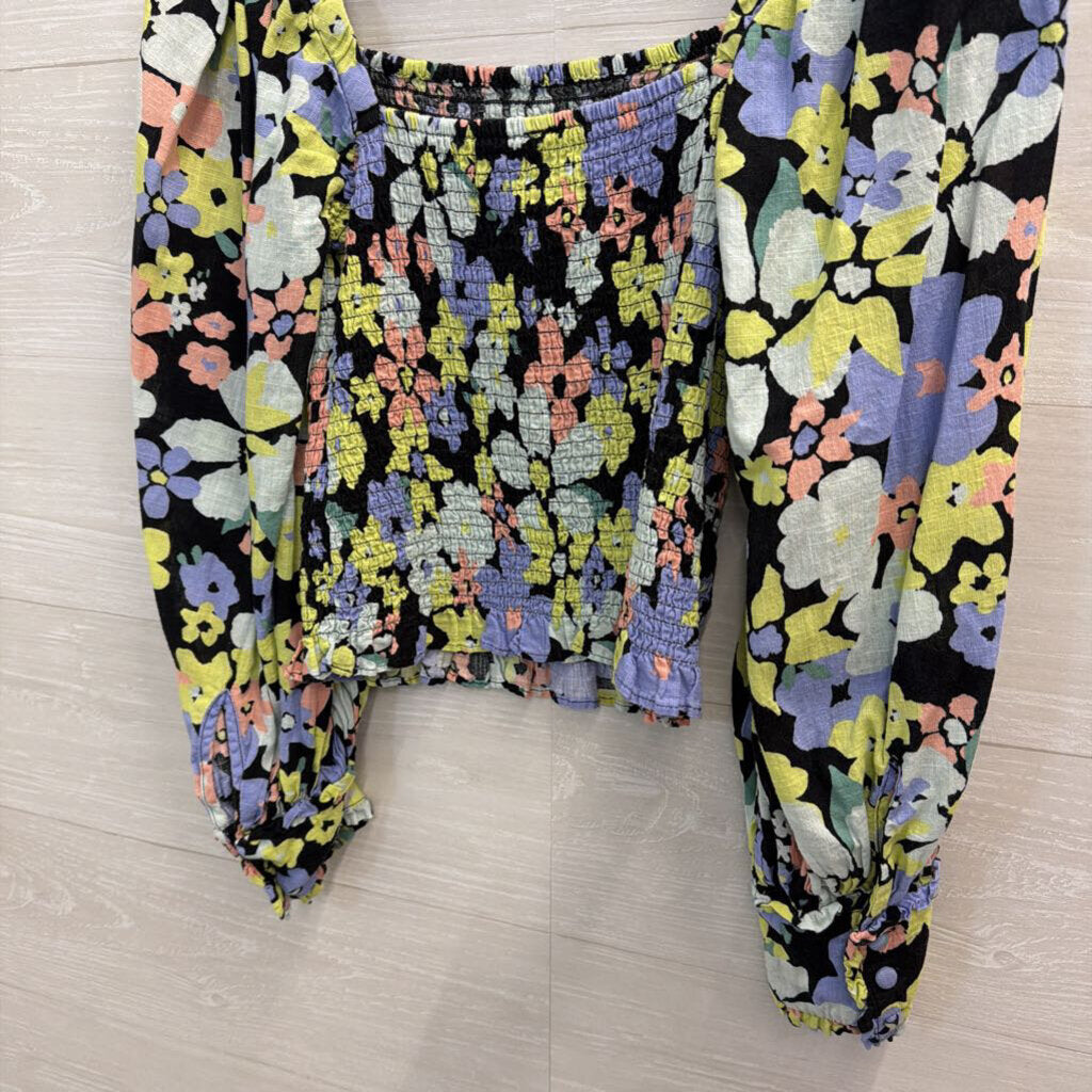 Free People Black/ Multi Floral Cropped Smocked Long Sleeve Top Extra Small