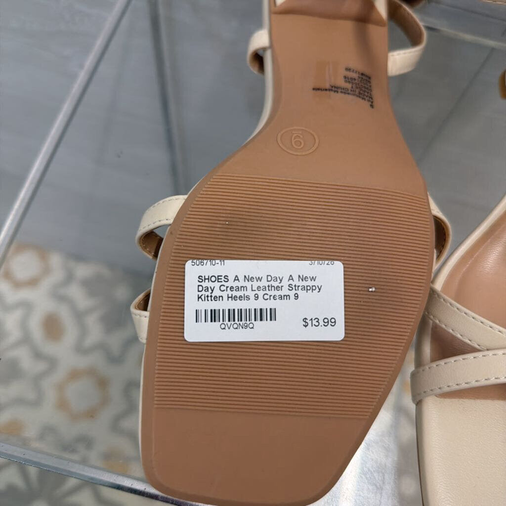 A New Day Cream Leather Strappy Kitten Heels 9