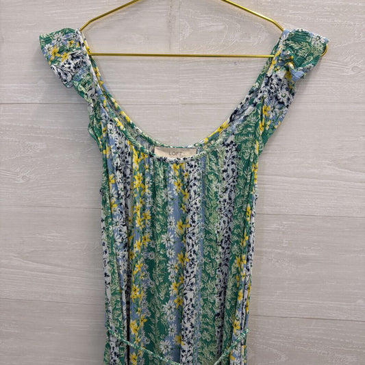 Loft Blue/ Multi Print Tie Waist Midi Dress Extra Small