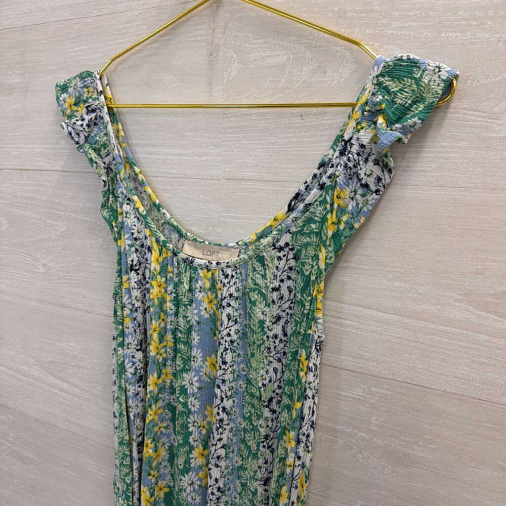 Loft Blue/ Multi Print Tie Waist Midi Dress Extra Small