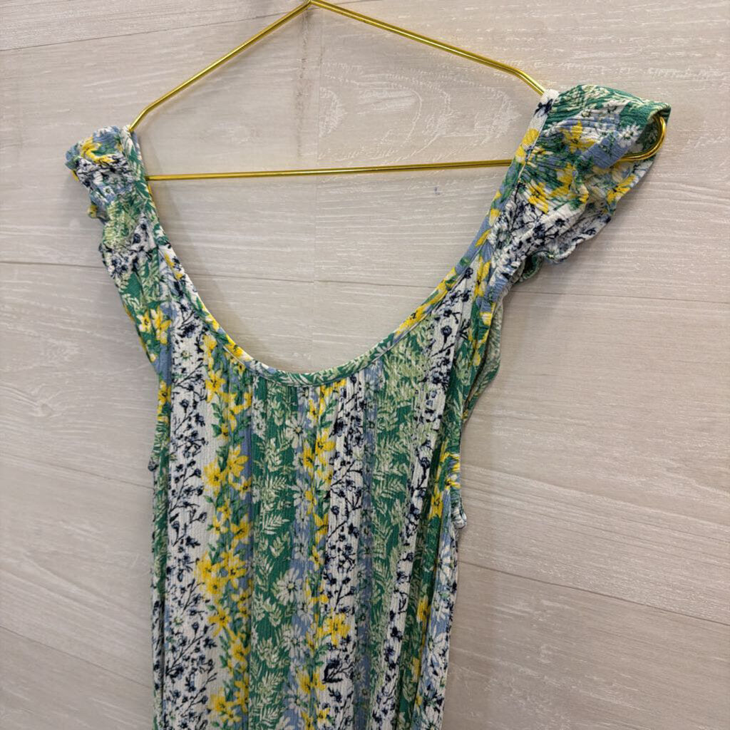 Loft Blue/ Multi Print Tie Waist Midi Dress Extra Small