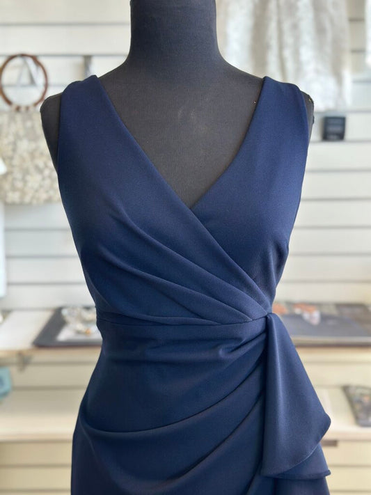 Betsy and Adam Navy Sleeveless V Neck Ruffle Detail Long Formal Dress 10 Petite