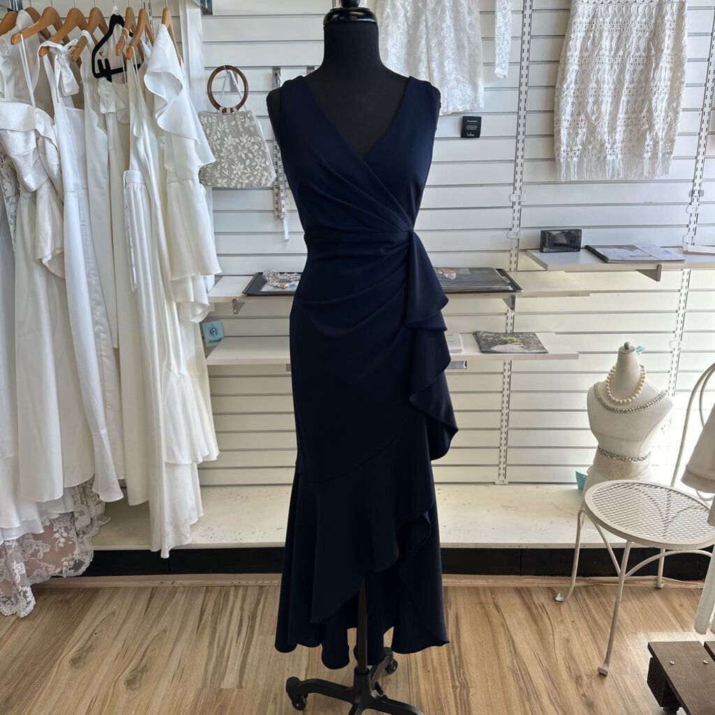 Betsy and Adam Navy Sleeveless V Neck Ruffle Detail Long Formal Dress 10 Petite