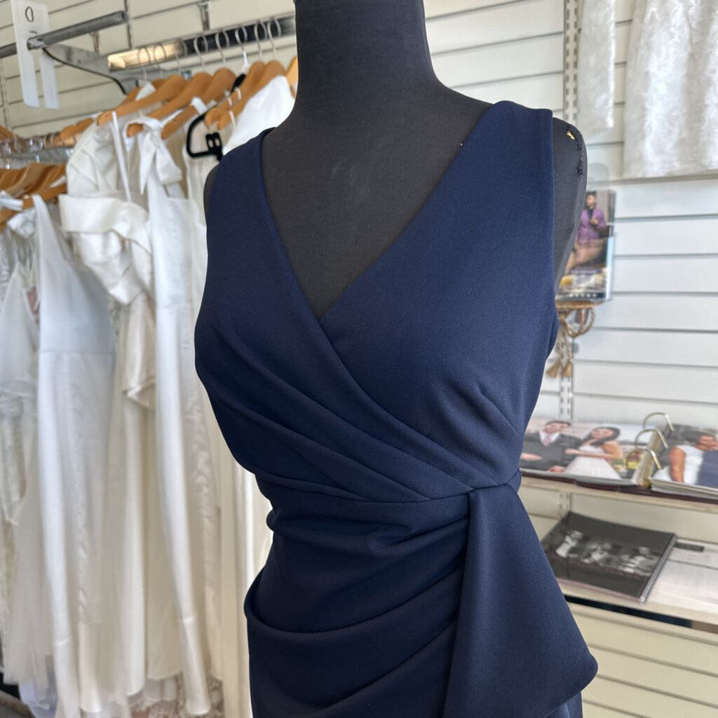 Betsy and Adam Navy Sleeveless V Neck Ruffle Detail Long Formal Dress 10 Petite