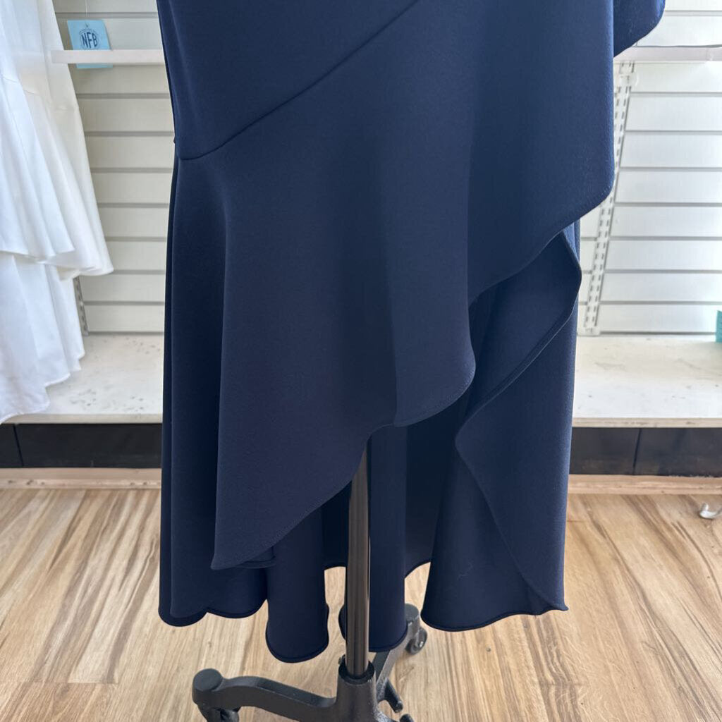 Betsy and Adam Navy Sleeveless V Neck Ruffle Detail Long Formal Dress 10 Petite