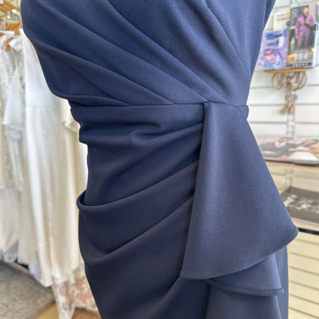 Betsy and Adam Navy Sleeveless V Neck Ruffle Detail Long Formal Dress 10 Petite
