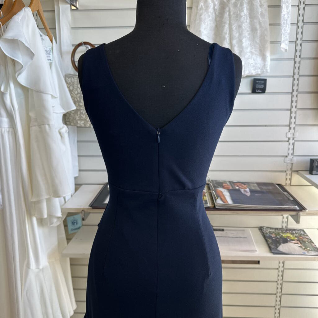 Betsy and Adam Navy Sleeveless V Neck Ruffle Detail Long Formal Dress 10 Petite