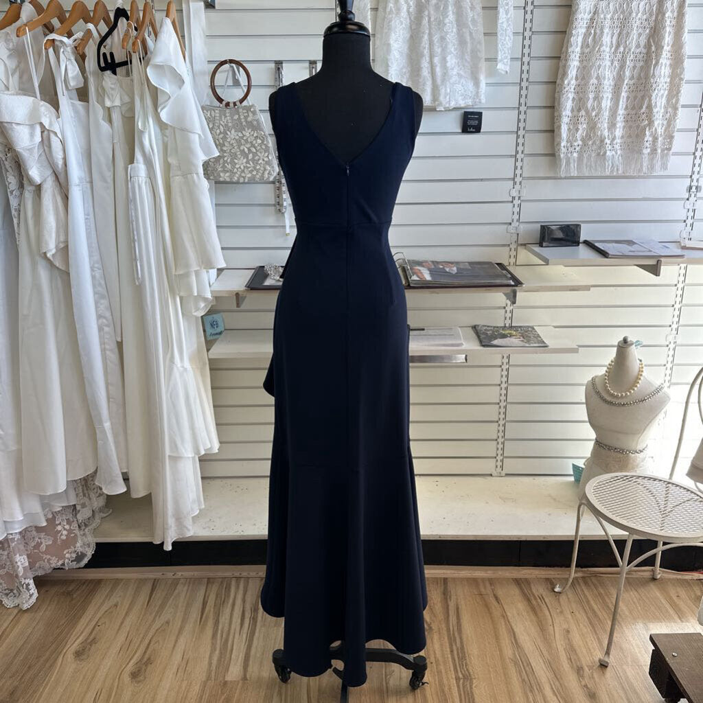 Betsy and Adam Navy Sleeveless V Neck Ruffle Detail Long Formal Dress 10 Petite