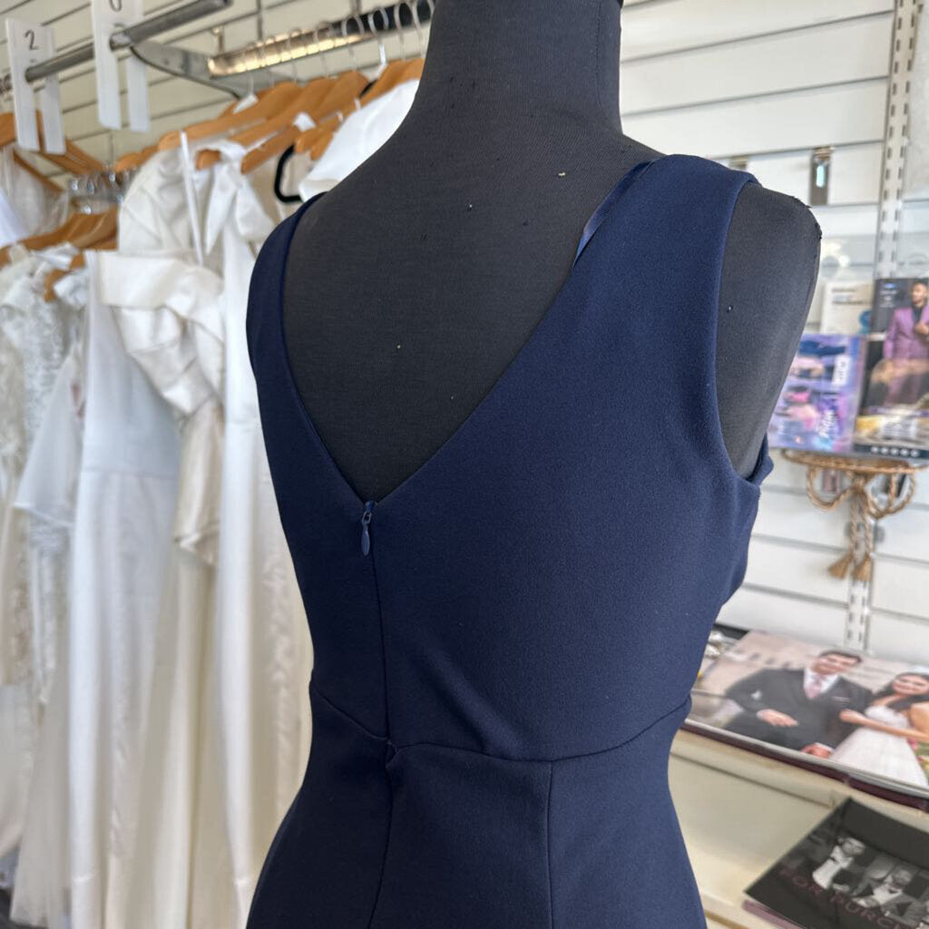 Betsy and Adam Navy Sleeveless V Neck Ruffle Detail Long Formal Dress 10 Petite