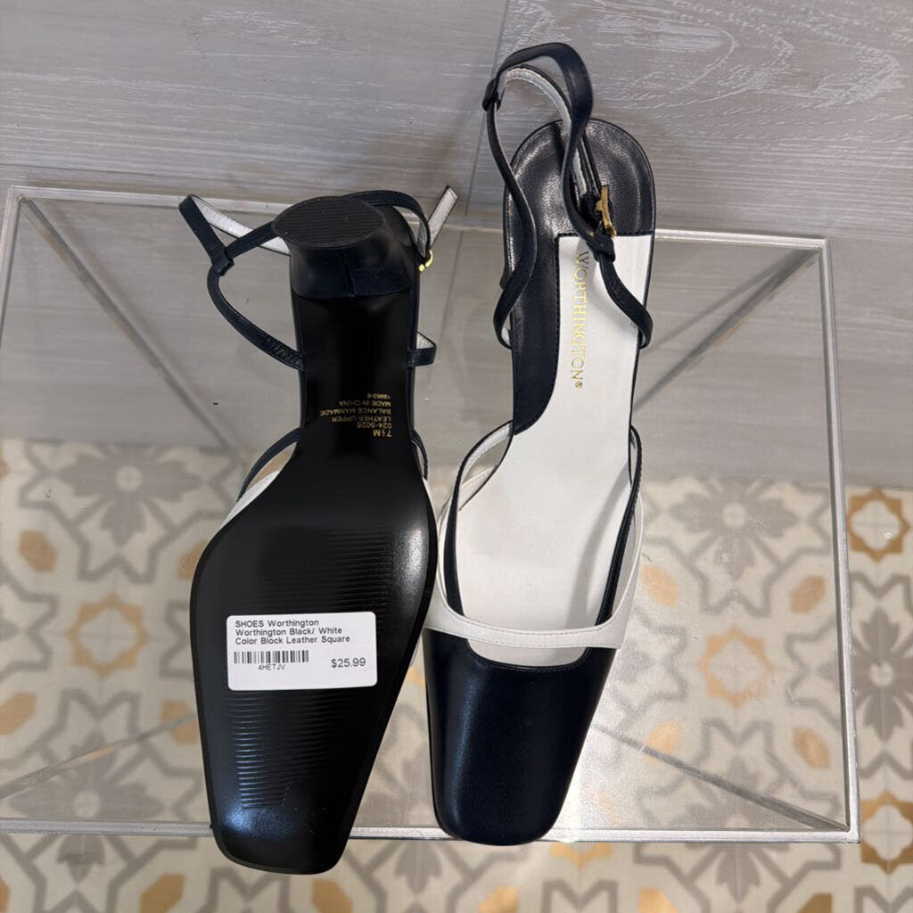 Worthington Black/ White Color Block Leather Square Toe Heels 7.5