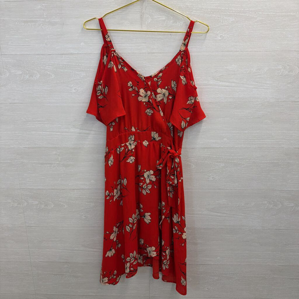 Sienna Sky Red Print Cold Shoulder Faux Wrap Dress Large