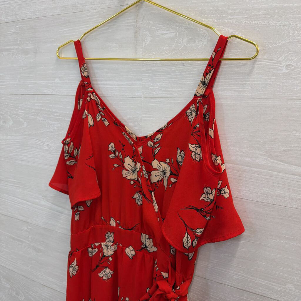 Sienna Sky Red Print Cold Shoulder Faux Wrap Dress Large