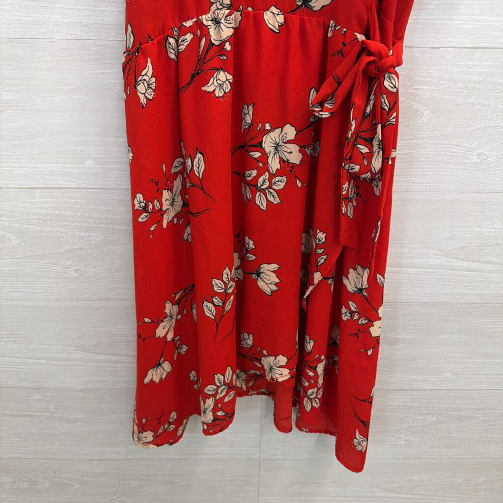 Sienna Sky Red Print Cold Shoulder Faux Wrap Dress Large