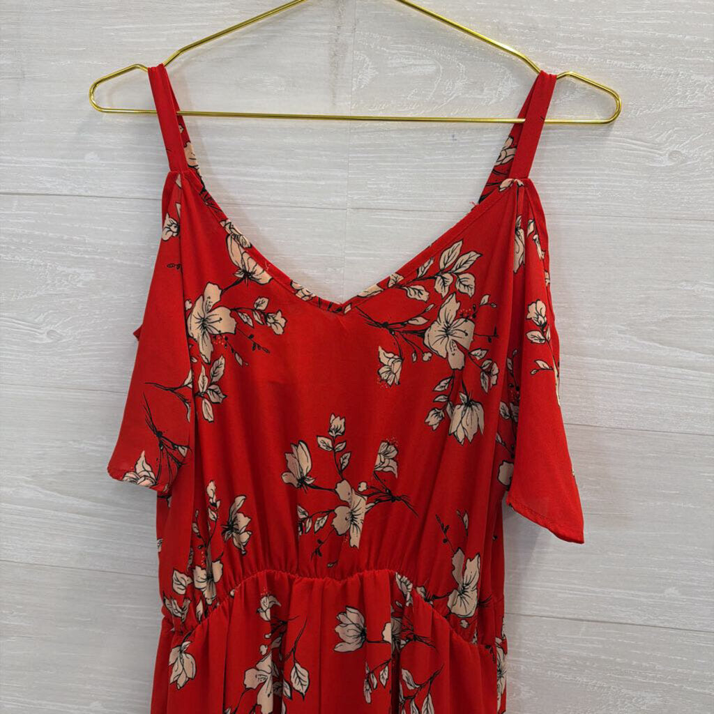 Sienna Sky Red Print Cold Shoulder Faux Wrap Dress Large