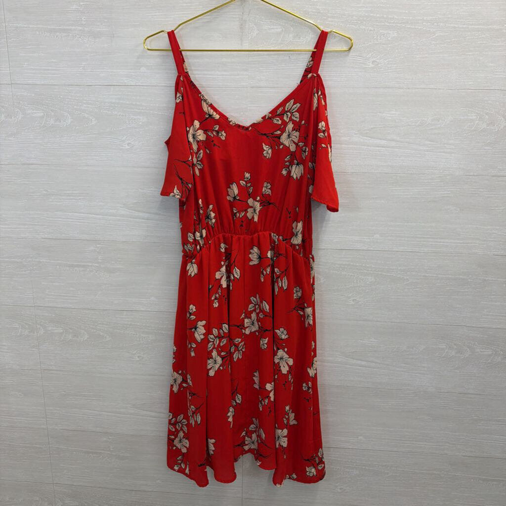 Sienna Sky Red Print Cold Shoulder Faux Wrap Dress Large