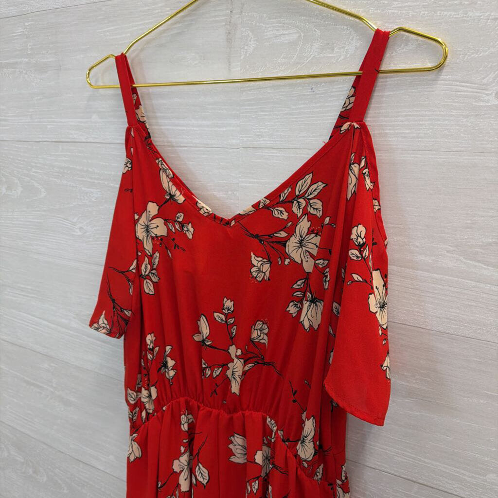 Sienna Sky Red Print Cold Shoulder Faux Wrap Dress Large