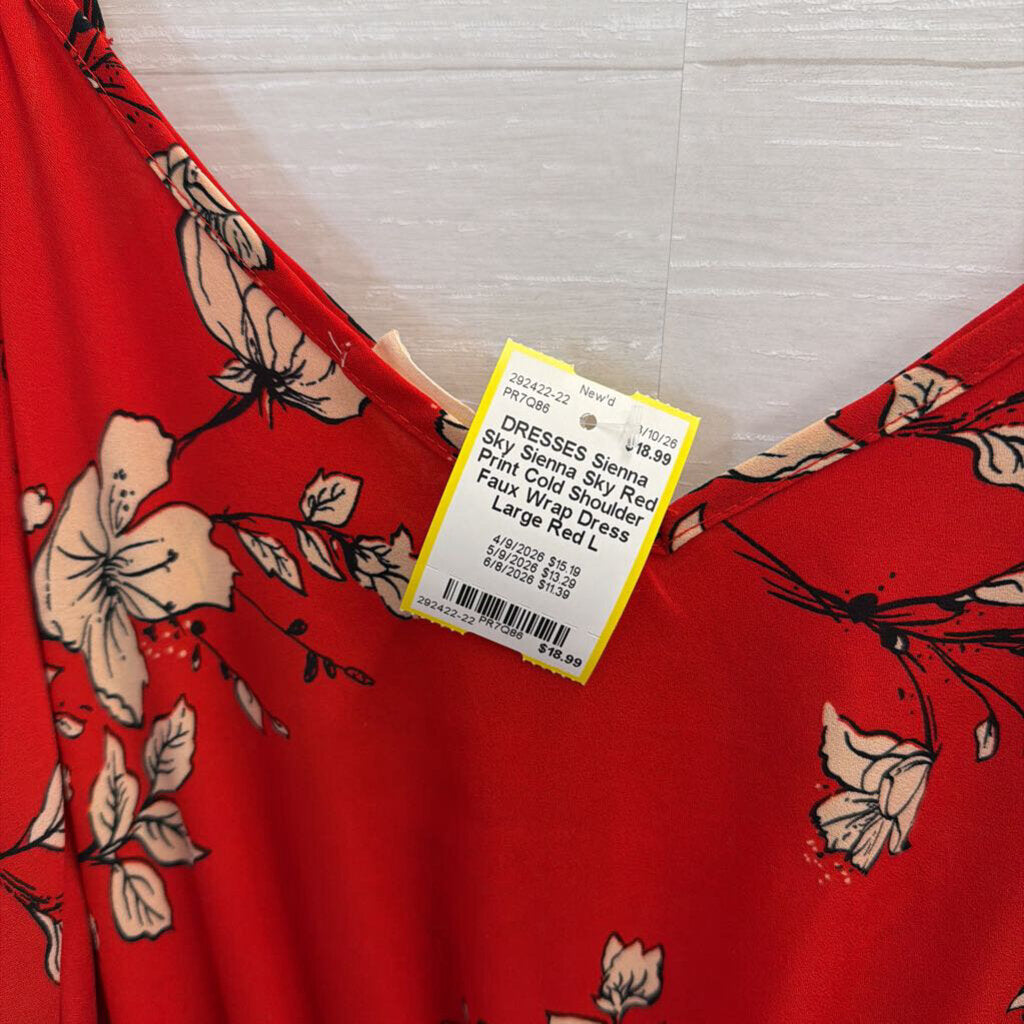 Sienna Sky Red Print Cold Shoulder Faux Wrap Dress Large