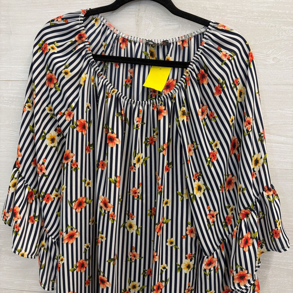 Vision USA Black/ White Striped Floral Detail Long Sleeve Top 1XL