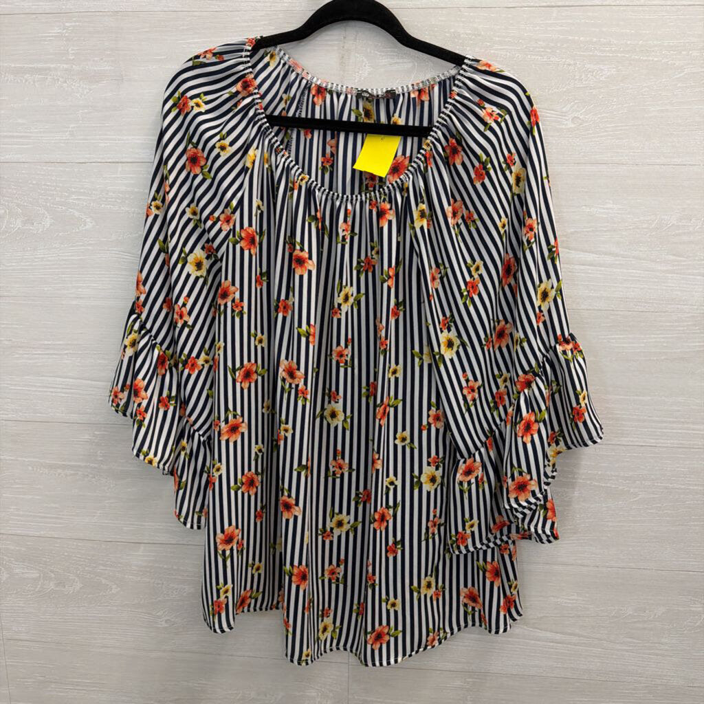 Vision USA Black/ White Striped Floral Detail Long Sleeve Top 1XL