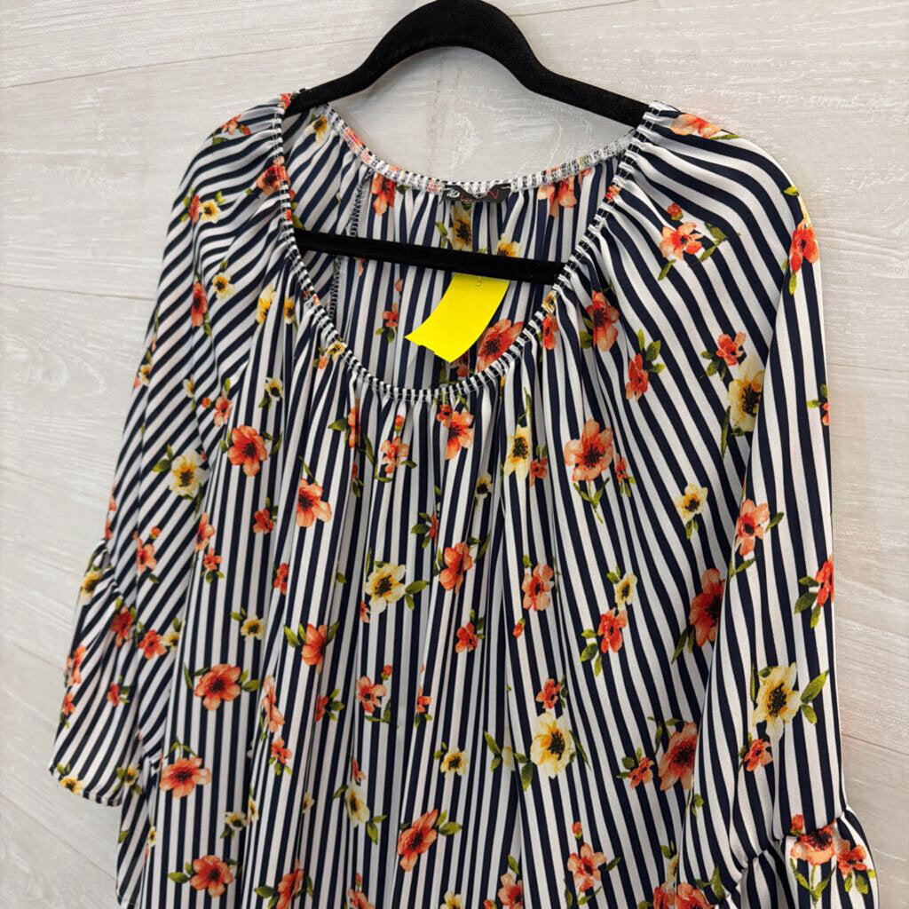 Vision USA Black/ White Striped Floral Detail Long Sleeve Top 1XL