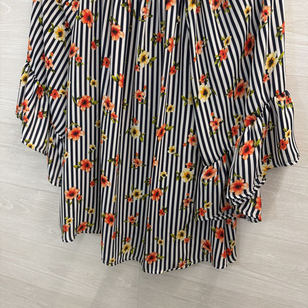 Vision USA Black/ White Striped Floral Detail Long Sleeve Top 1XL