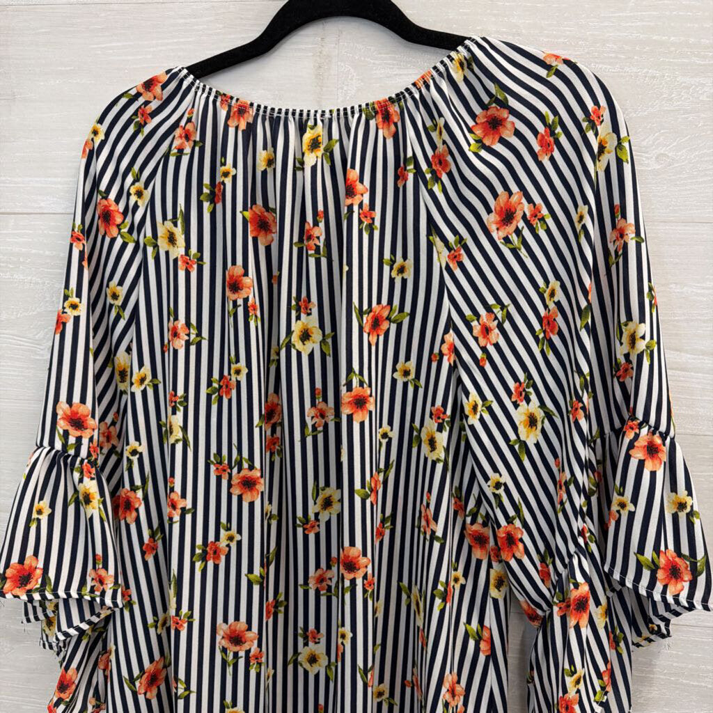 Vision USA Black/ White Striped Floral Detail Long Sleeve Top 1XL