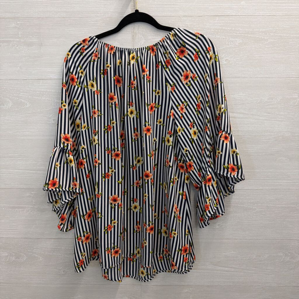 Vision USA Black/ White Striped Floral Detail Long Sleeve Top 1XL