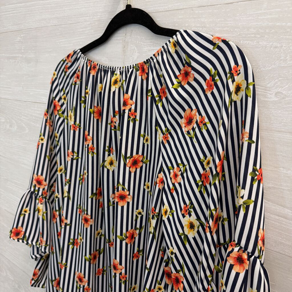 Vision USA Black/ White Striped Floral Detail Long Sleeve Top 1XL