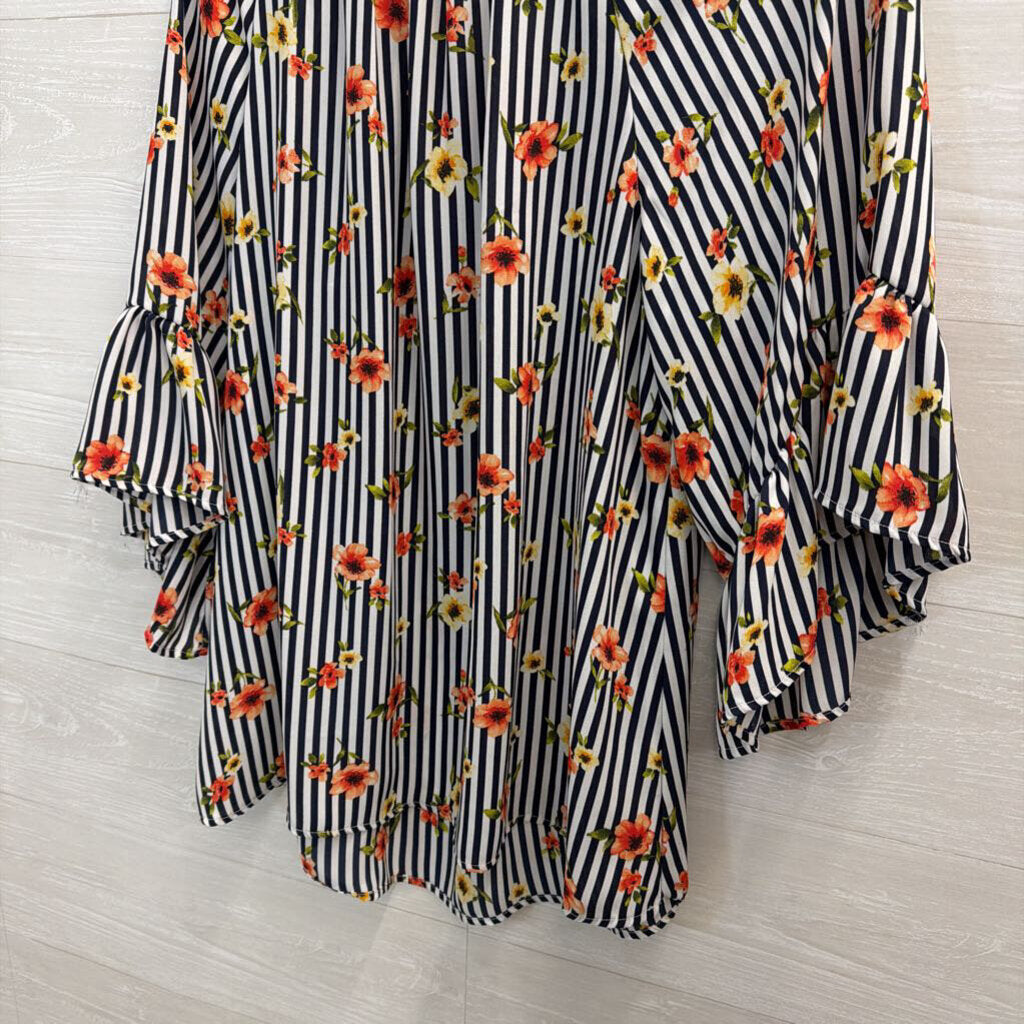 Vision USA Black/ White Striped Floral Detail Long Sleeve Top 1XL