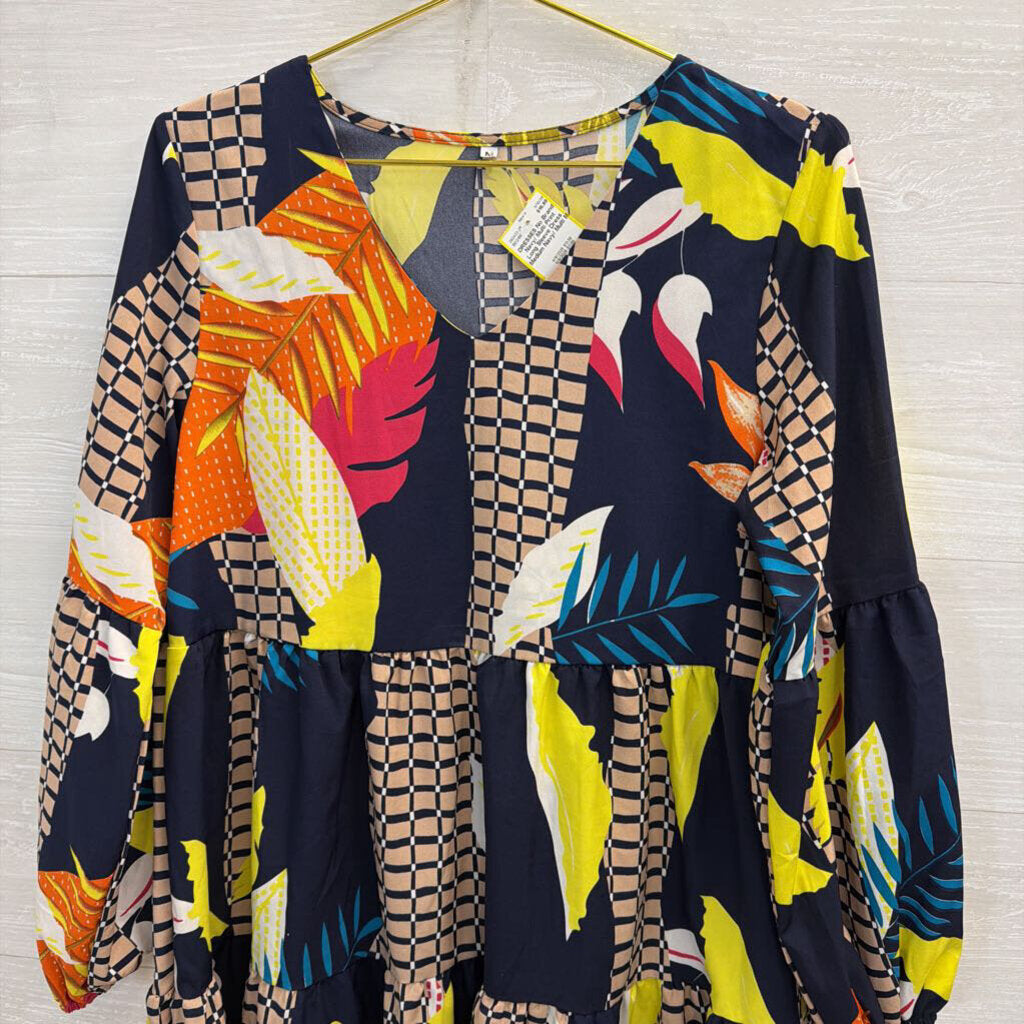 Navy/ Multi Print Long Sleeve Dress Medium