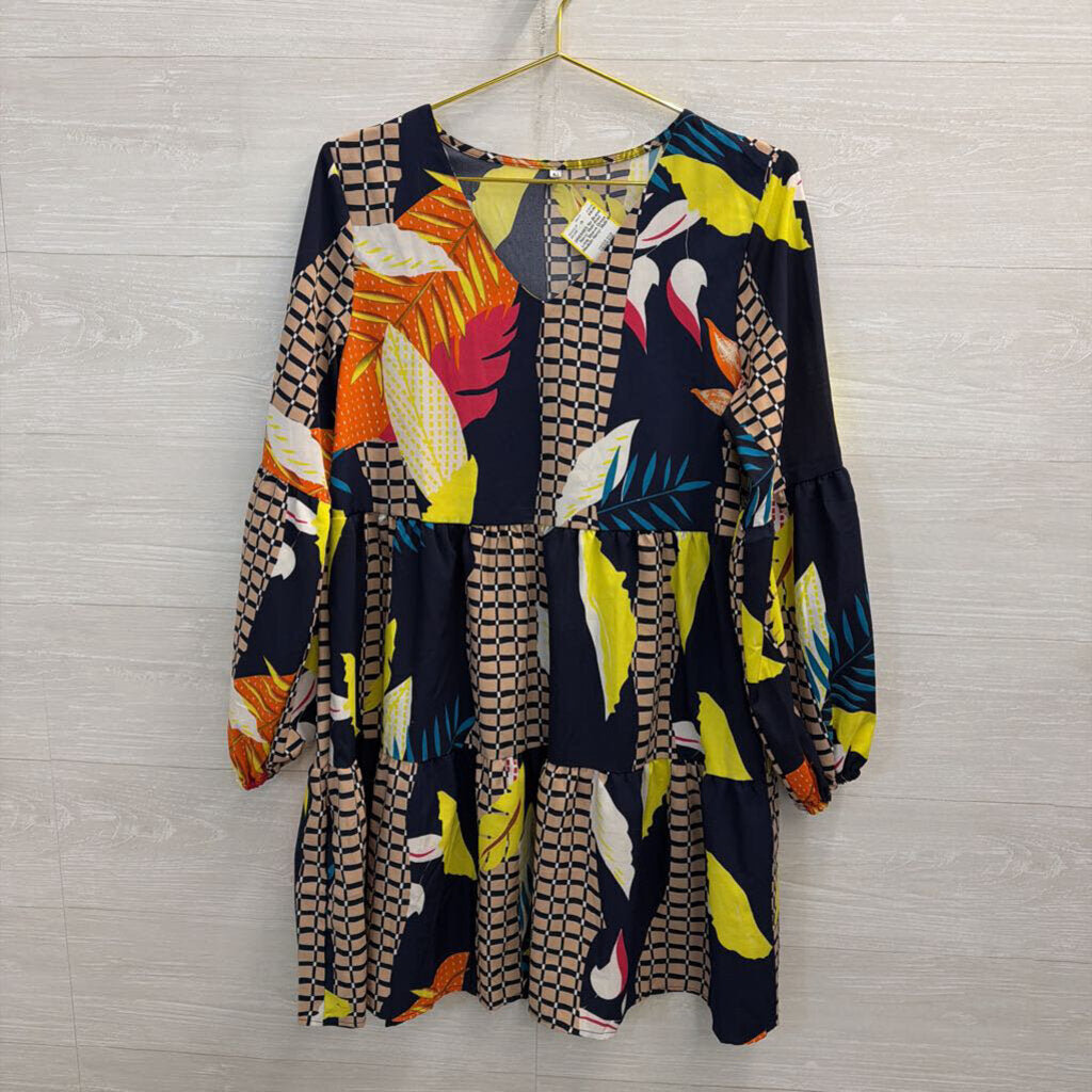 Navy/ Multi Print Long Sleeve Dress Medium