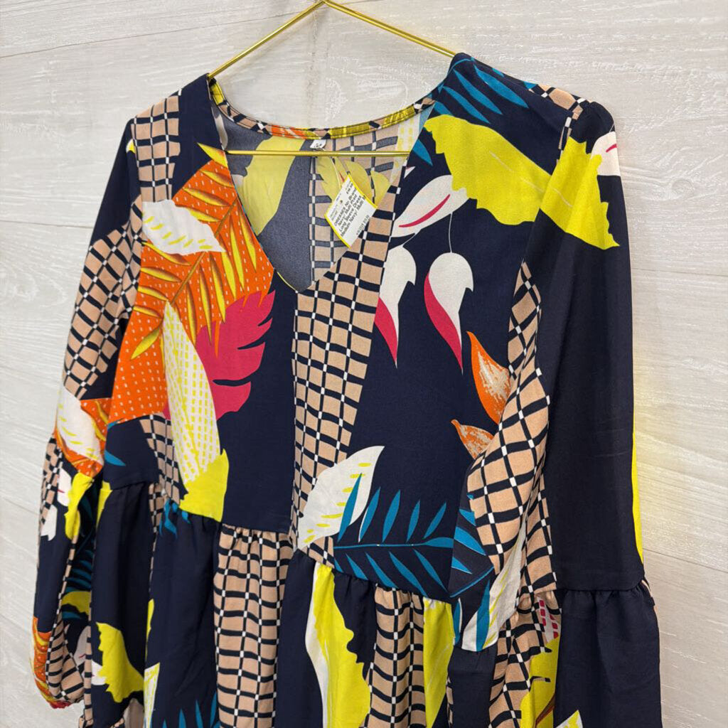 Navy/ Multi Print Long Sleeve Dress Medium