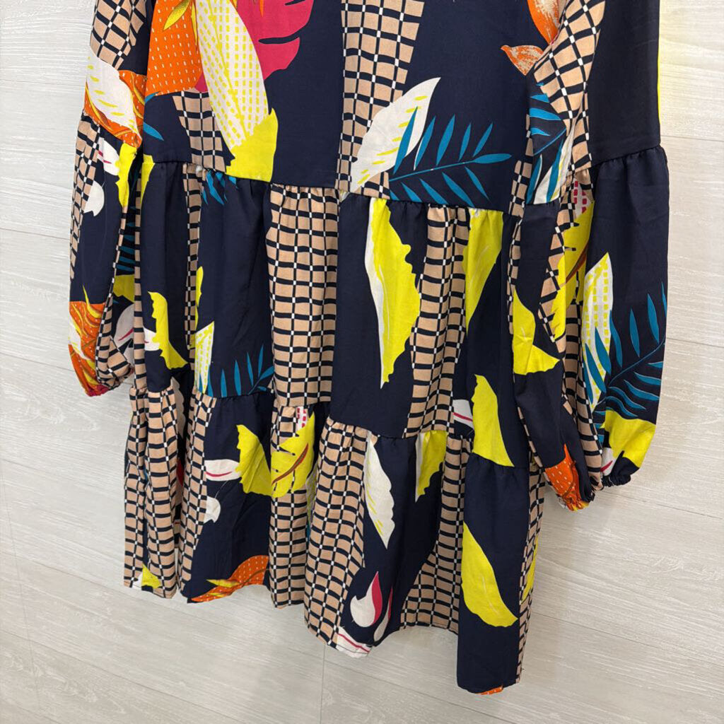 Navy/ Multi Print Long Sleeve Dress Medium