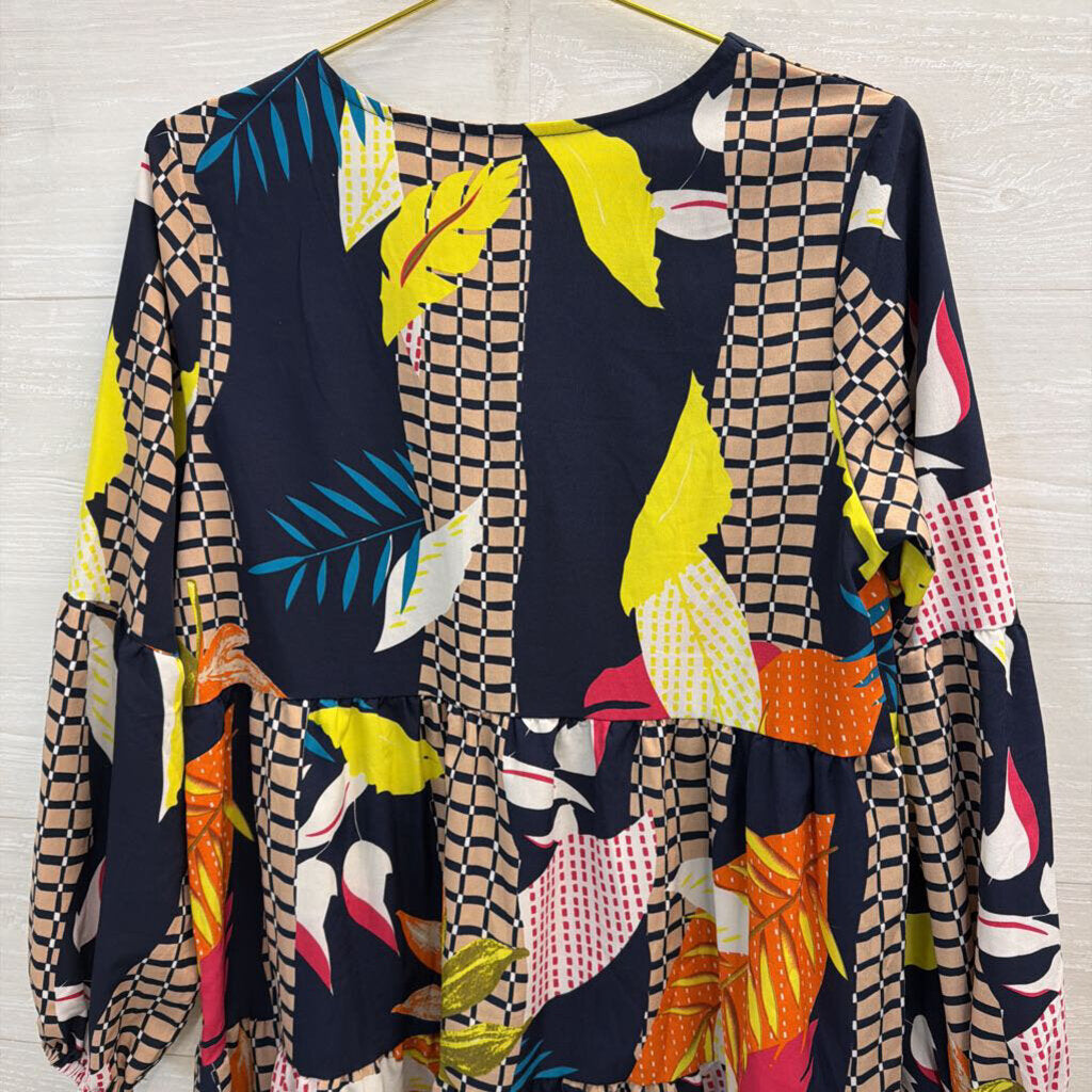 Navy/ Multi Print Long Sleeve Dress Medium